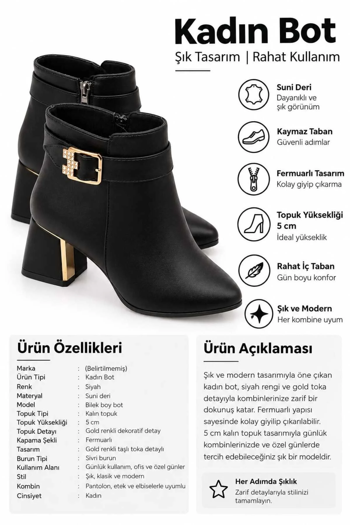Kadın Siyah Gold Tokalı Fermuarlı Kalın Topuklu Şık Bilek Bot - Görsel 2