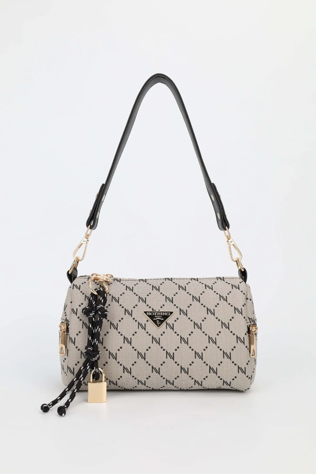 Kadın Siyah Monogram Deri Kilit Charm Detaylı El Omuz ve Çapraz Çanta Alice - Görsel 9