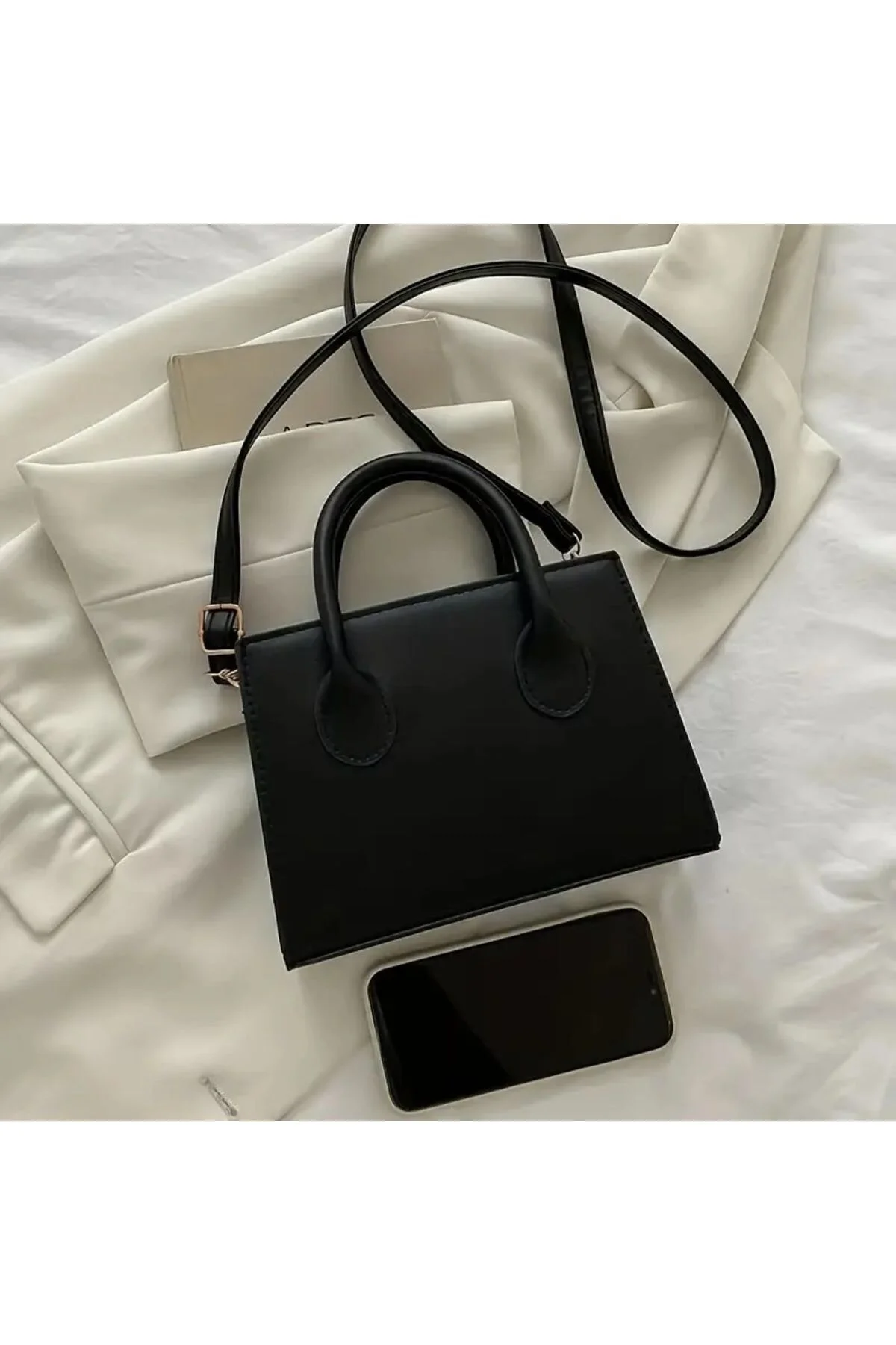 Kadın Siyah Trend Kare Çanta,Basit Mini Crossbody Çanta,Minimalist Saplı Omuz Çantası Çanta El Çanta - Görsel 7