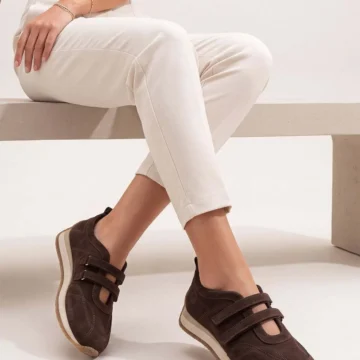 Kadın Süet Mary Jane Çift Bantlı Retro Günlük Spor Babet Sneaker Ayakkabı Golyate Bej Süet