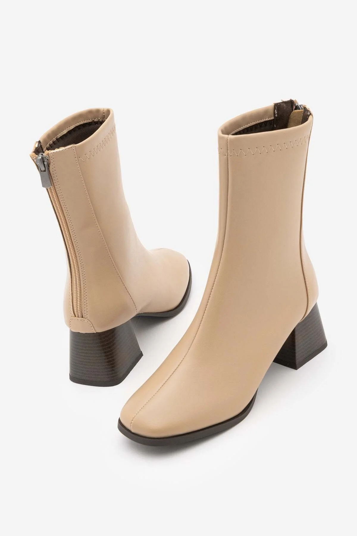 Kadın Topuklu Bot Küt Burun Arkadan Fermuarlı Nayis Kahve - Görsel 7