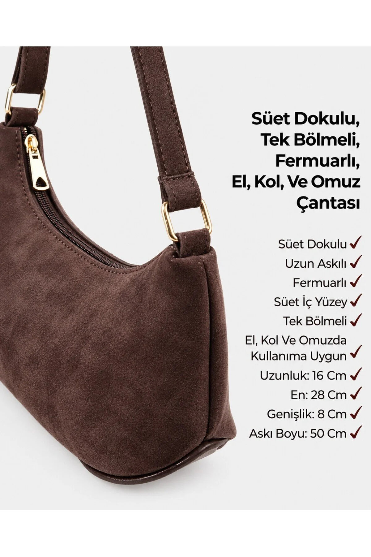 Kahverengi Süet Shk280 Suni Deri, Fermuarlı Tek Bölmeli , El,Kol ve Omuz Çantası - Görsel 12