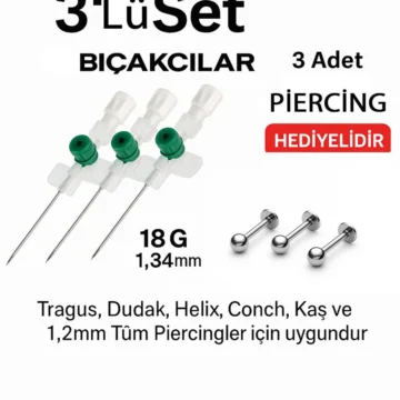 Kanül İntraket YEŞİL 3 adet Kulak delim iğnesi 3 adet 316L piercing 1,2x12 mm
