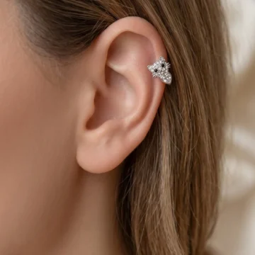 Kedi Figürlü Gümüş Renk Halka Piercing Tragus Helix Kıkırdak Lob Küpesi Tek Adet