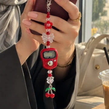 Kırmızı Zikirmatik Charm Telefon Askısı Kiraz ve Fiyonk Boncuklu Özel Tasarım Sayaç Anahtarlık