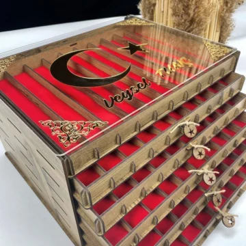 Kişiye Özel Cam Kapaklı Ahşap Tesbih Koleksiyon Kutusu Tespih Kutusu (60 TESBİHLİK)