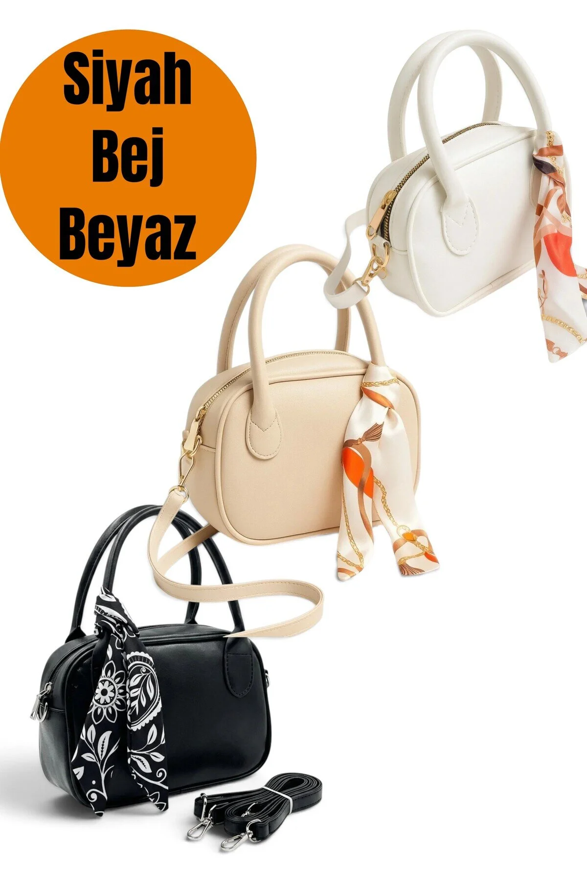Krem Mini Fularlı Hediyeli El & Omuz Çantası – Fular Hediyeli Suni Deri Çanta - Görsel 7