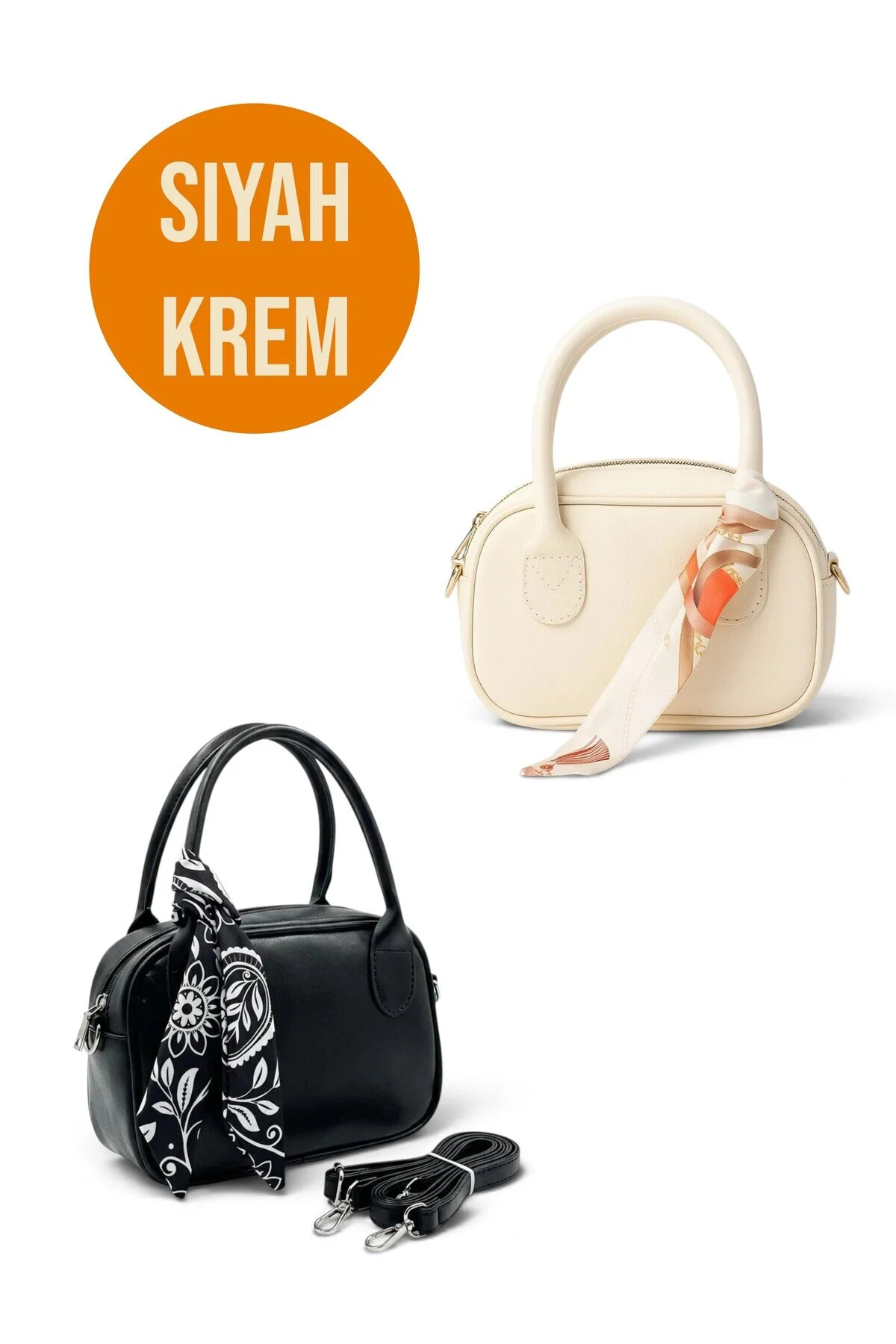 Krem Mini Fularlı Hediyeli El & Omuz Çantası – Fular Hediyeli Suni Deri Çanta - Görsel 8