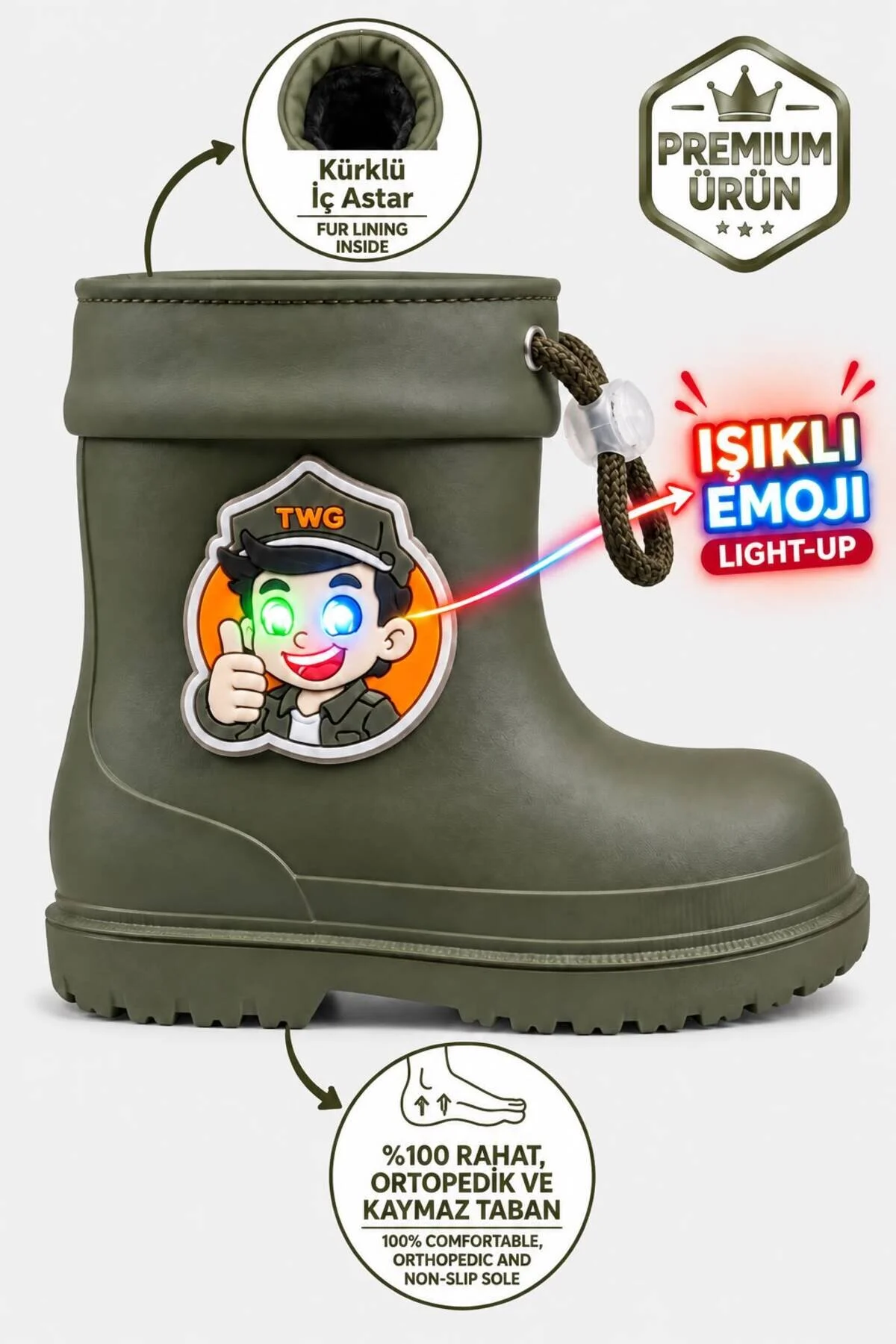 Kürklü Yağmur Kar Çocuk Bot Çizme Erkek Ortopedik Taban Işıklı Kışlık Çocuk Bot - Görsel 6