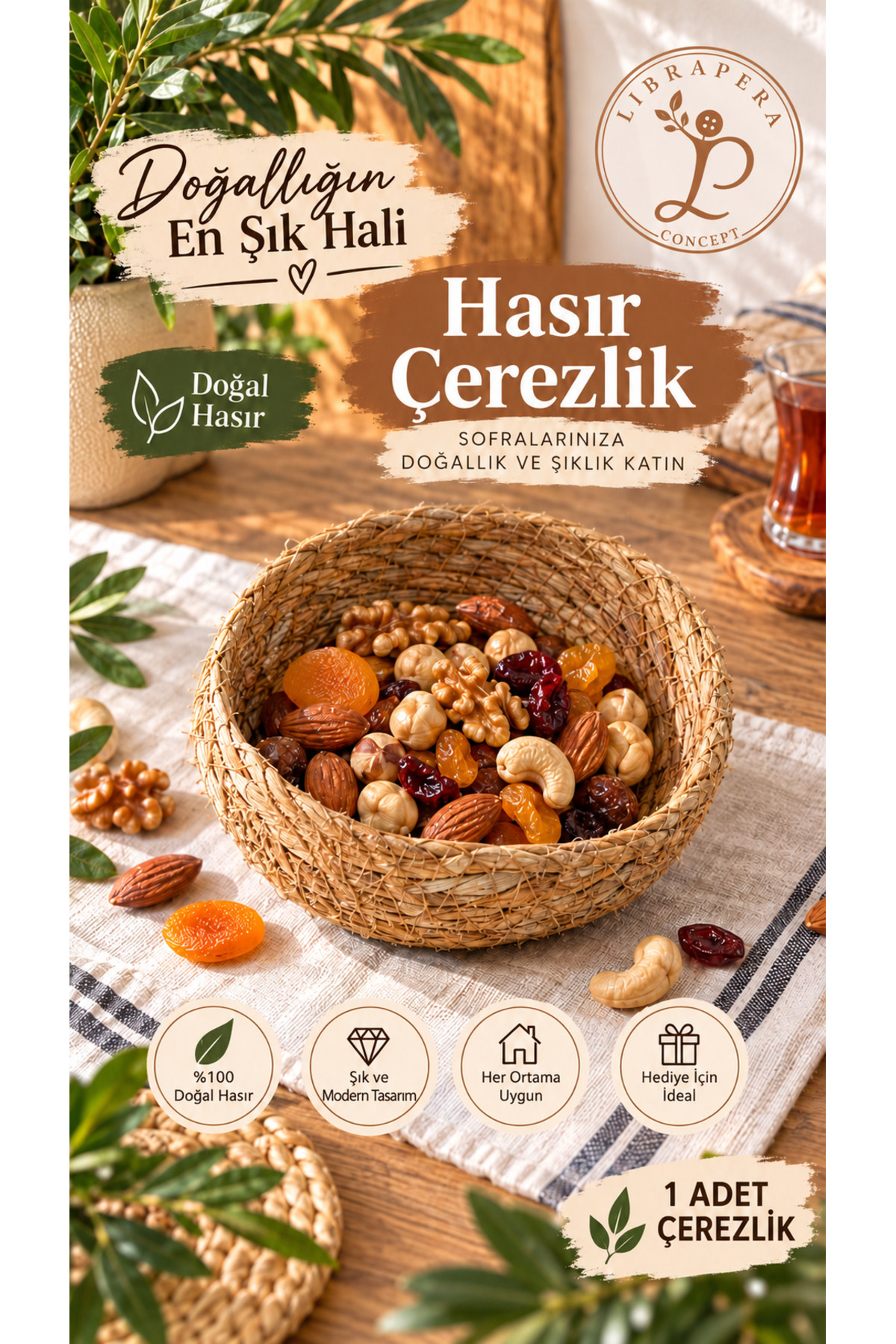 Librapera Concept Doğal Hasır Çerezlik Tekli Sunum Kasesi Dekoratif Servislik - 1 Adet