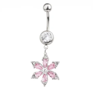 Lotus Çiçek Pembe Zirkon Çelik Göbek Piercing
