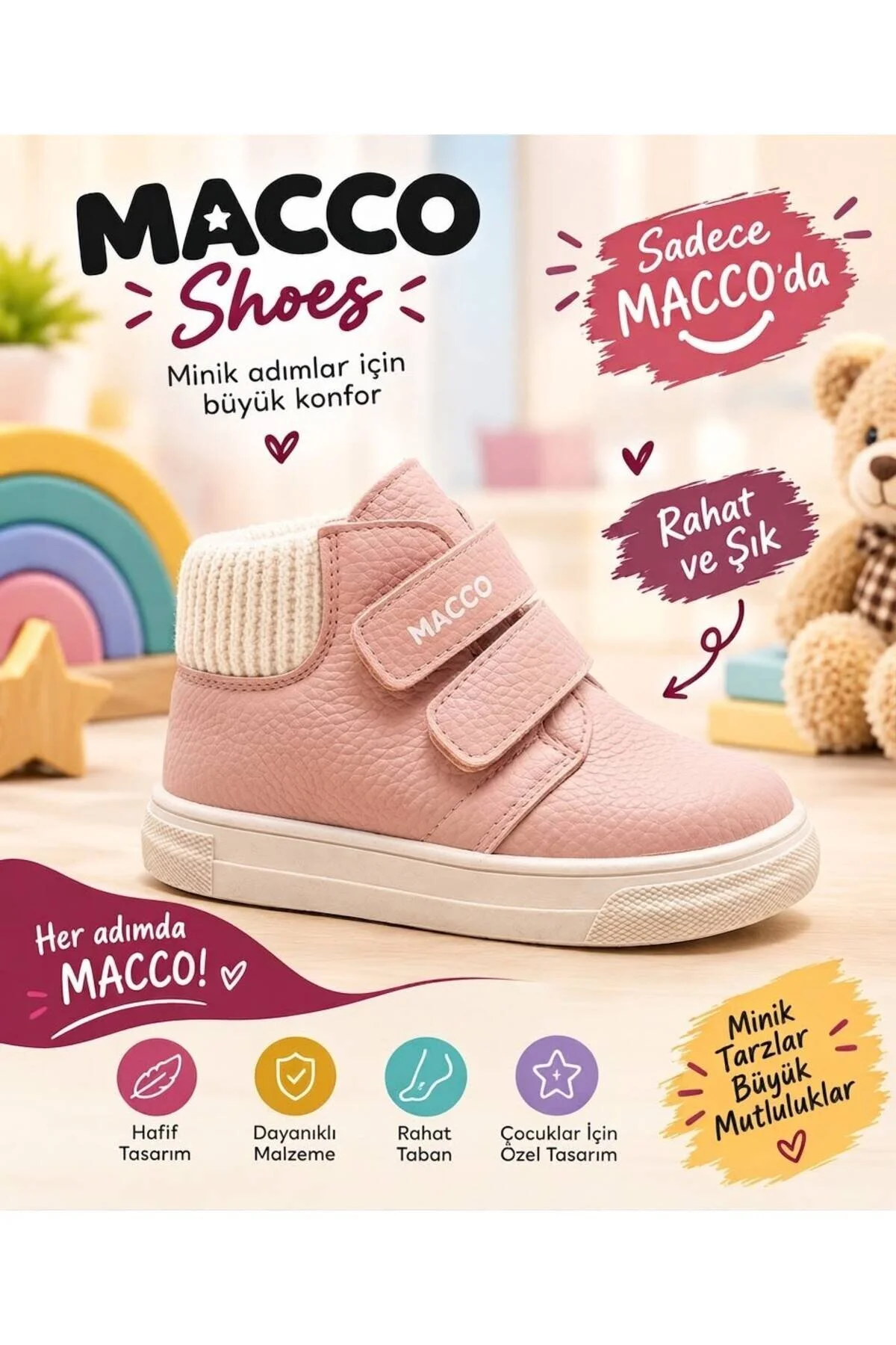 MACCO Ortopedik Bebek ve Çocuk Bot Cırt Cırtlı Kışlık Günlük Su Geçirmez Barefoot Bot Ayakkabı - Görsel 7