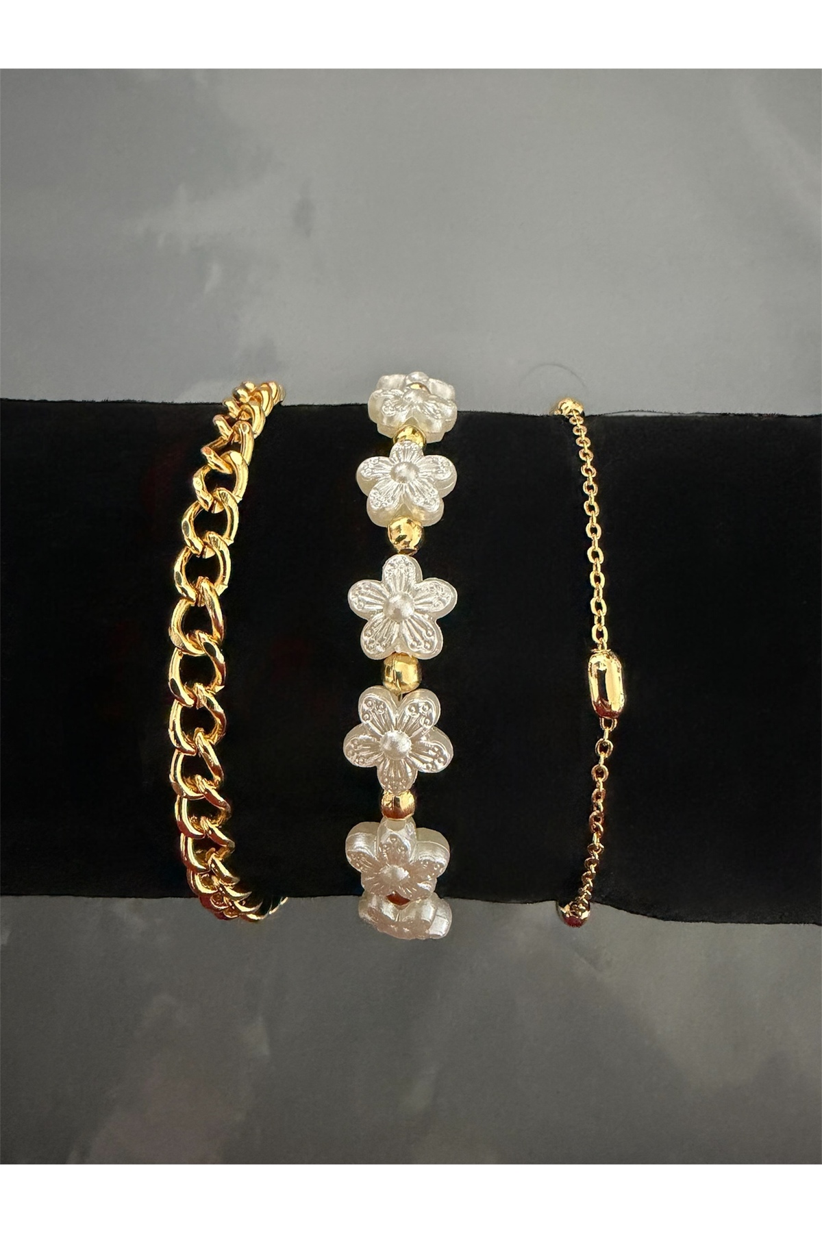 Madam Bikan Bijuteri Gold Renk 3 Lü Zincir İnci Papatya Kombin Set Bileklik