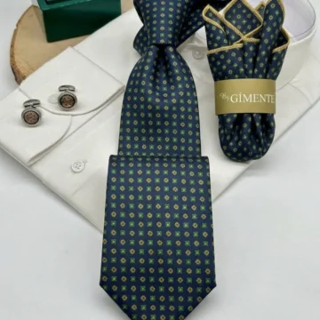 Mavi Desenli Mendilli Klasik 7.5 Cm Kravat Set