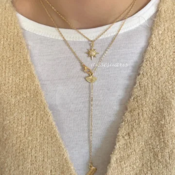 Minimal 2'li Kovboy Yelpaze Dekolte Kadın Gold Kolye Set