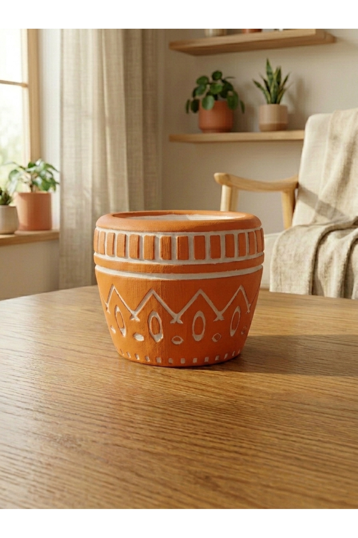 mora store Dekoratif Beton Saksı Turuncu Bohem İskandinav Desenli 14,5x12 cm | Modern Ev Ofis Masa Üstü Saksı