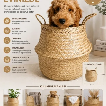 Natural Katlanabilir Hasır Sepet / Saksılık 30x28