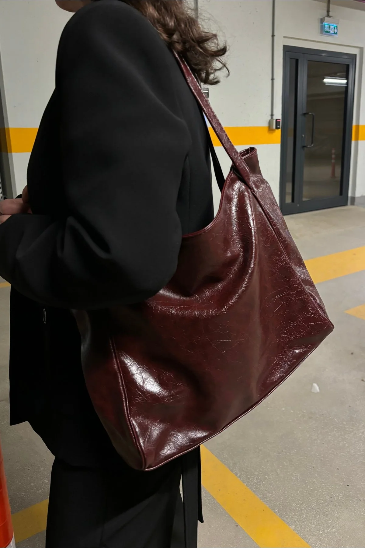 Nou Shine Eskitmeli Çift Saplı Bordo Büyük Boy Kadın Shopper Çanta - Görsel 2