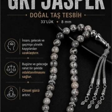 Orijinal & Sertifikalı Gri Jasper Doğal Taş El Yapımı Özel Kutulu Hediyelik Erkek Tesbih 33lük - 8mm