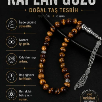 Orijinal & Sertifikalı Kaplan Gözü Doğal Taş El Yapımı Özel Kutulu Hediyelik Erkek Tesbih 33lük 8mm