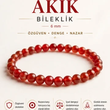 Orijinal & Sertifikalı Kırmızı Akik Doğal Taş Kutulu El Yapımı Özel Tasarım Doğal Taş Bileklik 6 mm