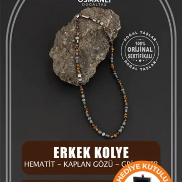 Orijinal & Sertifikalı Tasarım Erkek Kolye Kaplan Gözü Gri Jasper Hematit Kutulu Doğal Taşlı Kolye