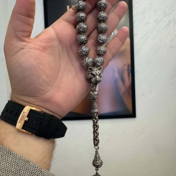 Osmanlı Devlet Arma Püsküllü Aslan Başı Detaylı Efe Boy Küre Kesim Gümüş Tesbih