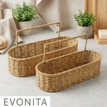 Oval Doğal Hasır Saplı Organizer Sepet 2’li Set Rattan Görünümlü Çok Amaçlı Düzenleyici