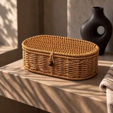 Oval Rattan Kapaklı Sepet Saklama Kutusu Hasır Çok Amaçlı Organizer