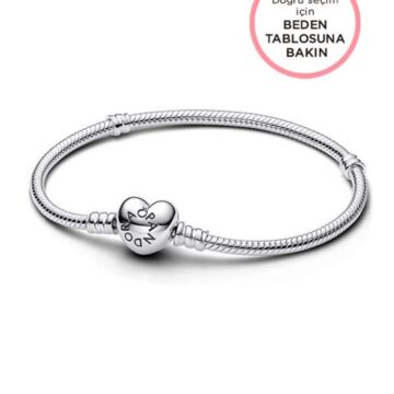 Pandora Moments Kalp Klipsli 925 Ayar Gümüş Yılan Zinciri Bileklik Charm Uyumlu