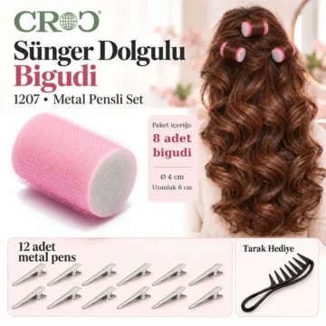 Pembe Cırtlı Sünger Bigudi 8Li Çap 4Cm + (12Li Alüminyum Saç Pensi) (1207A)