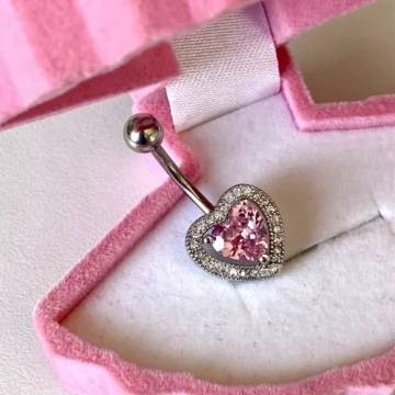 Pembe Taşlı Kalp Göbek Piercing | Cerrahi Çelik
