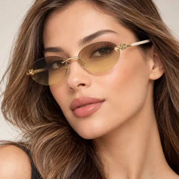 Premium Gold Detaylı Çerçevesiz Kahverengi UV400 Kadın Güneş Gözlüğü | Modern & Zamansız Tasarım