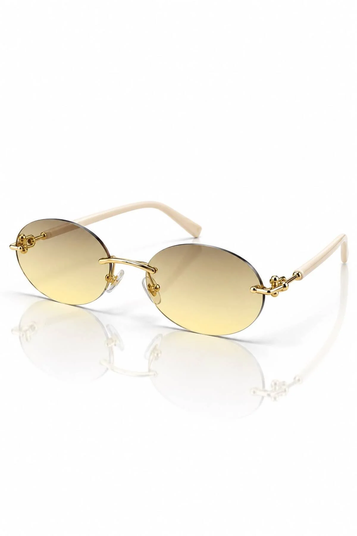 Premium Gold Detaylı Çerçevesiz Kahverengi UV400 Kadın Güneş Gözlüğü | Modern & Zamansız Tasarım