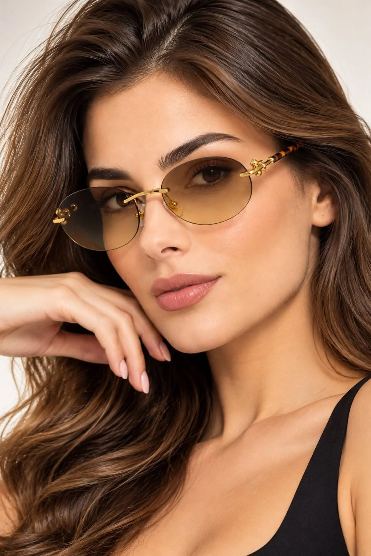 Premium Gold Detaylı Çerçevesiz Kahverengi UV400 Kadın Güneş Gözlüğü | Modern & Zamansız Tasarım - Görsel 3