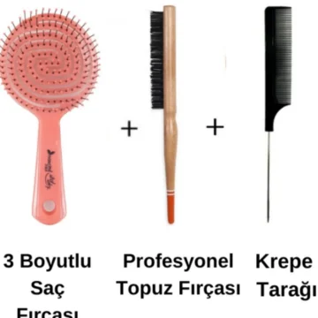 Profesyonel 3 Boyutlu Saç Fırçası + Krepe Şiş Tarak + Topuz Fırçası 3'lü Set