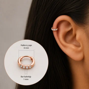 Rose Gold Renk Cerrahi Çelik Taşlı Halka Tragus Piercing Helix Lob Kıkırdak