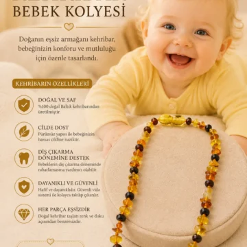 Sertifikalı Bebek Kehribar Diş Çıkarma Kolyesi - Orijinal Doğal Taş Kutulu Bebek Kolyesi (33-35 cm)