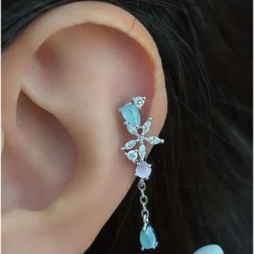 Silver Çelik Su Yeşili Taş Sallantılı Helix Piercing Kıkırdak Lob