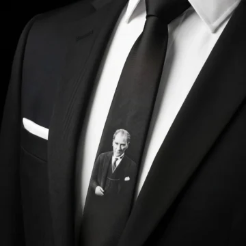 Siyah Beyaz Atatürk Portreli Siyah Erkek Kravat (7 cm) - Özel Kutulu Hediyelik