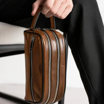 Siyah Hakiki Deri Erkek Tıraş el Portföy&Clutch Bakım Çantası Çift Gözlü