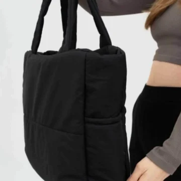 Siyah Kabartmalı Pamuklu Kumaş Shopper Çanta -Okul Omuz Çantası