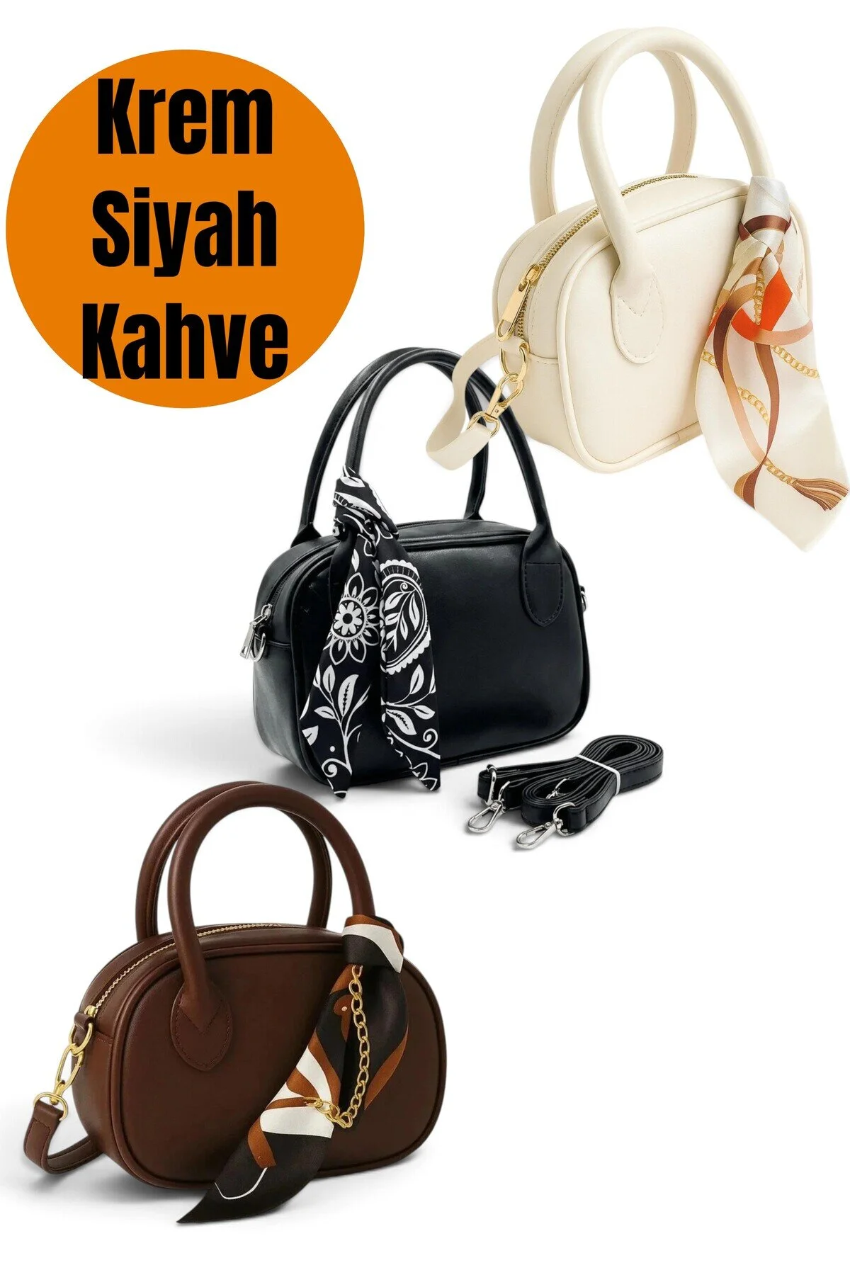 Siyah Krem 2 Ürün Mini El & Omuz Çantası – Fular Detaylı Suni Deri