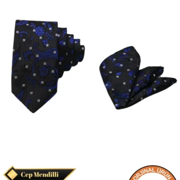 Siyah ve Mavi Renk Şal Desen Exclusive Model Kravat ve Cep Mendili