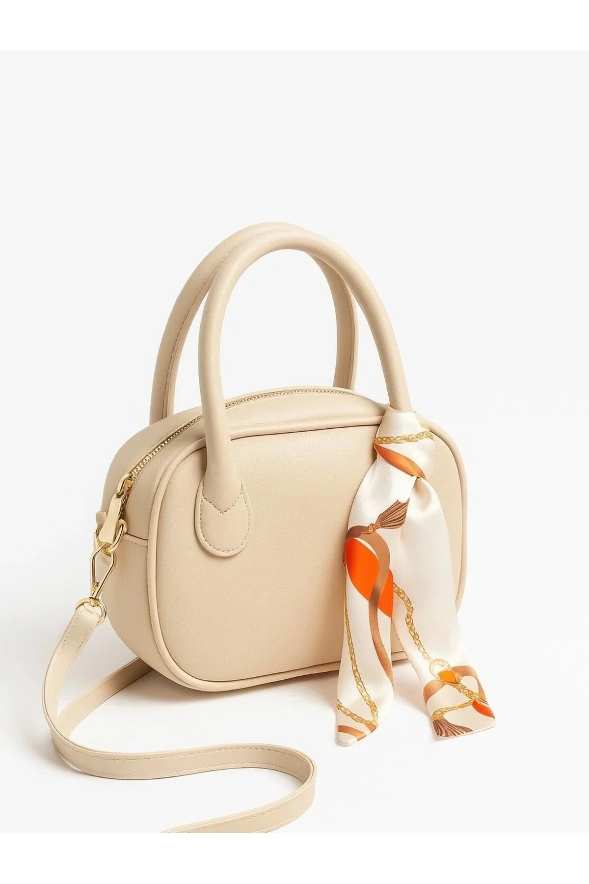 Siyah - Vizon - Lacivert 3 lü Set Mini El & Omuz Çantası – Fular Detaylı Suni Deri - Görsel 12