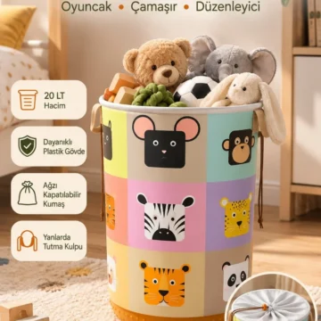 Tekli Bak-Öğren Hayvan Desenli 20 L Plastik Gövdeli Çok Amaçlı Sepet Büzgülü Kapaklı