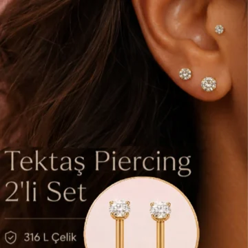 Tektaş Piercing 2 Adet 316L Çelik Zirkon Taşlı Tragus Helix Lob Kıkırdak Piercing 8 mm