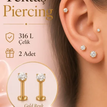Tektaş Piercing 2 Adet 316L Çelik Zirkon Taşlı Tragus Helix Lob Kıkırdak Piercing 6 mm