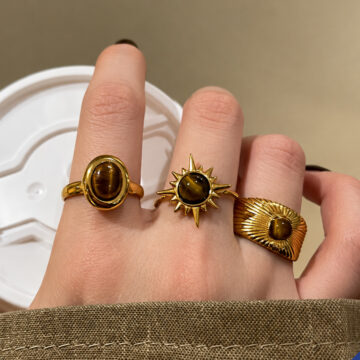 The Collection 3'lü Kombin Kahverengi Taşlı Gold Vintage Ayarlanabilir Yüzük Set
