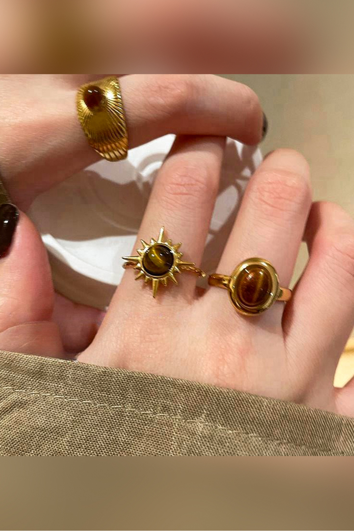 The Collection 3'lü Kombin Kahverengi Taşlı Gold Vintage Ayarlanabilir Yüzük Set